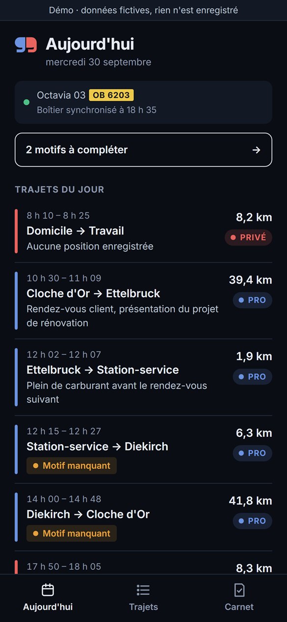 Écran Aujourd'hui de l'appli : les trajets du jour, pro et privés